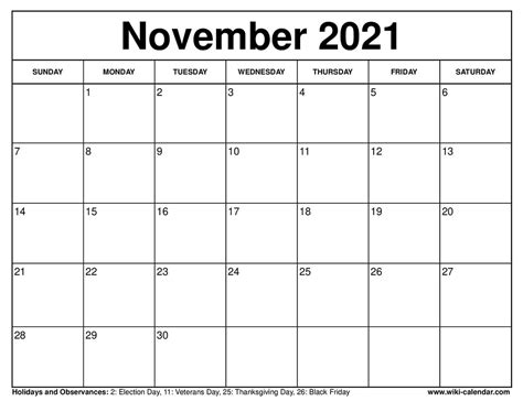 Calendar Nov 2021 Printable